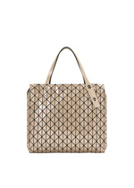 A tote bag from the BAO BAO ISSEY MIYAKE ROW METALLIC collection, featuring black geometric triangle patterns on a beige polarized pearl material, two short handles, and silver button details at the base of the handles. - BEIGE （no.41）