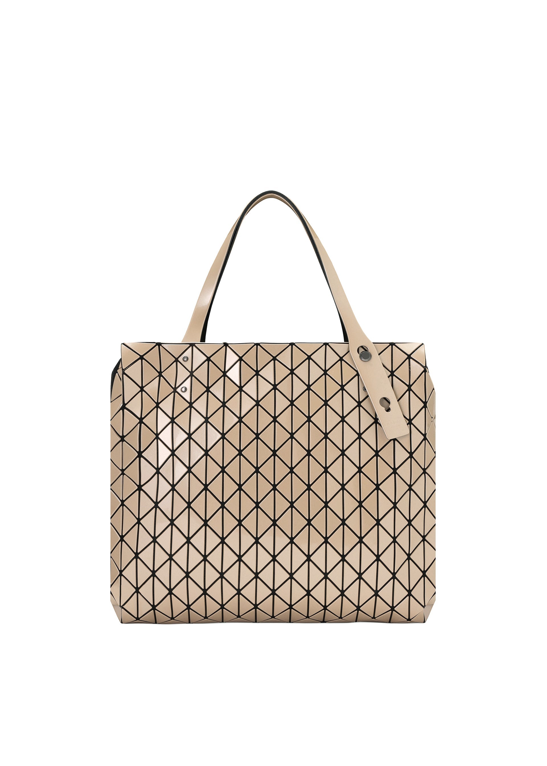 Zoomed view A tote bag from the BAO BAO ISSEY MIYAKE ROW METALLIC collection, featuring black geometric triangle patterns on a beige polarized pearl material, two short handles, and silver button details at the base of the handles. - BEIGE （no.41）