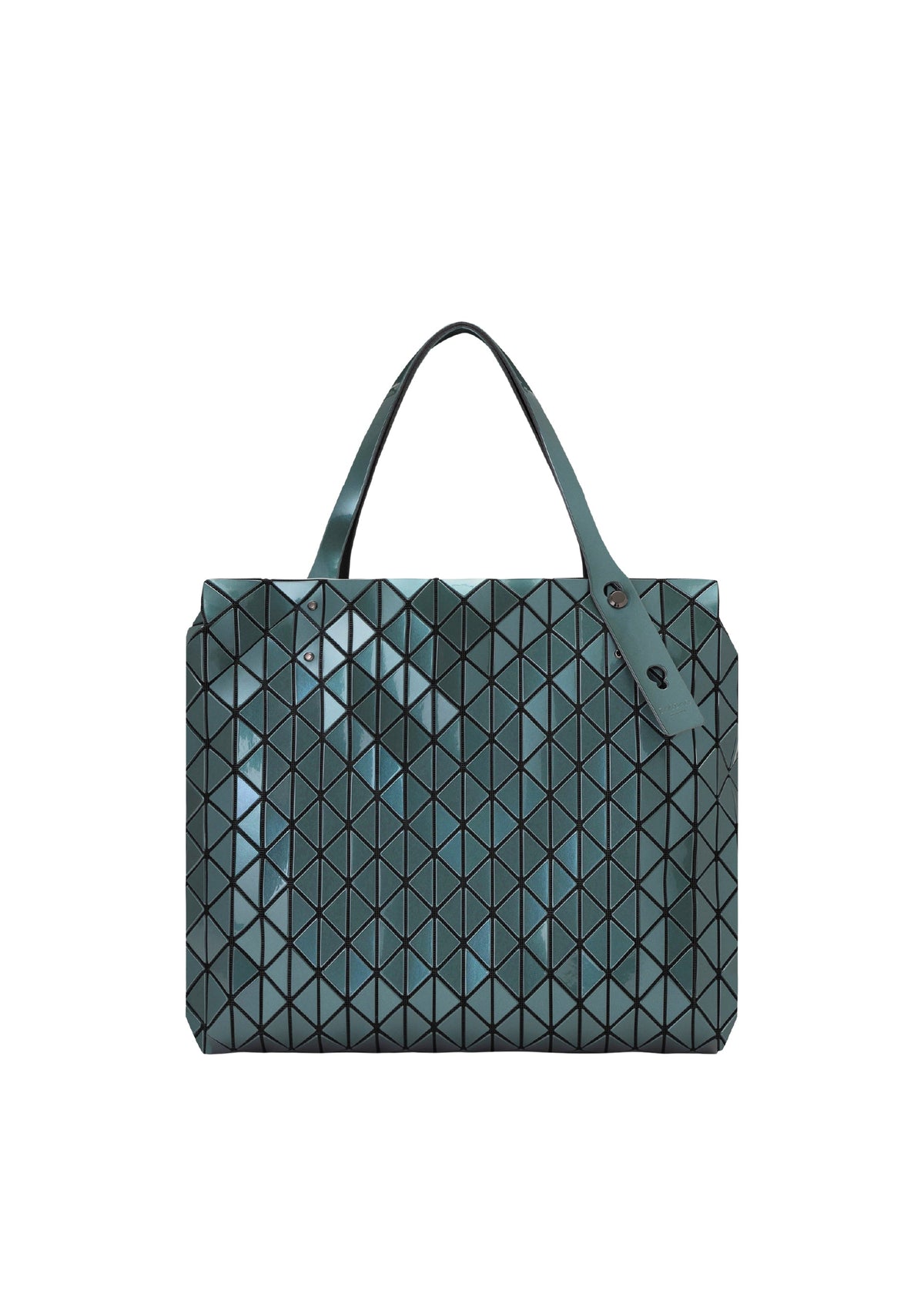 A teal geometric tote bag from the BAO BAO ISSEY MIYAKE ROW METALLIC collection, featuring a grid of triangular shapes crafted in polarized pearl material. With two handles and a shiny, reflective surface, this accessory exudes a modern look against a plain white background. view 3 of 7