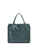 A teal geometric tote bag from the BAO BAO ISSEY MIYAKE ROW METALLIC collection, featuring a grid of triangular shapes crafted in polarized pearl material. With two handles and a shiny, reflective surface, this accessory exudes a modern look against a plain white background. - VIRIDIAN （no.69）