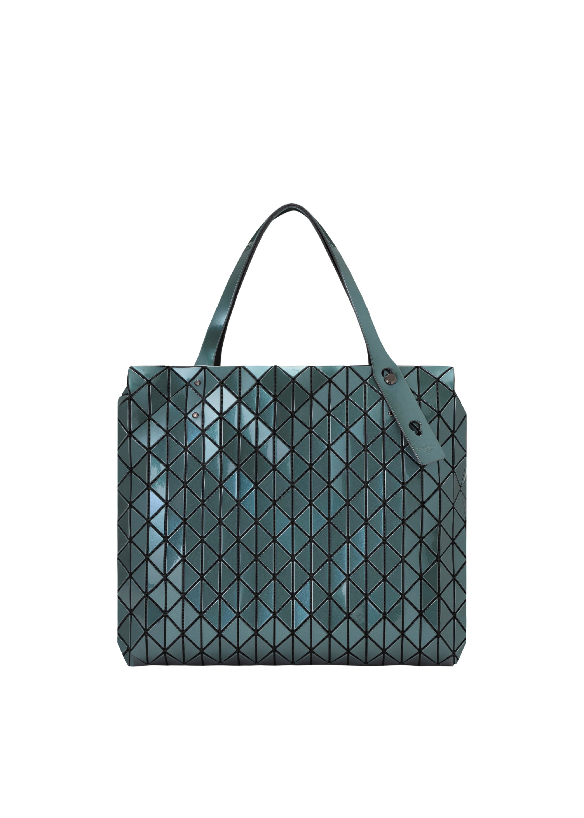 Zoomed view A teal geometric tote bag from the BAO BAO ISSEY MIYAKE ROW METALLIC collection, featuring a grid of triangular shapes crafted in polarized pearl material. With two handles and a shiny, reflective surface, this accessory exudes a modern look against a plain white background. - VIRIDIAN （no.69）