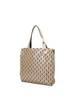 ROW METALLIC tote bag from the BAO BAO ISSEY MIYAKE collection, featuring a geometric triangular grid pattern and two handles. This modern, structured design is crafted from polarized pearl material and is photographed against a white background.