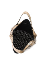 The ROW METALLIC handbag by BAO BAO ISSEY MIYAKE features a beige geometric design with a black triangular grid pattern, crafted from polarized pearl material. The bag opens to reveal a spacious black interior with a visible zipper.