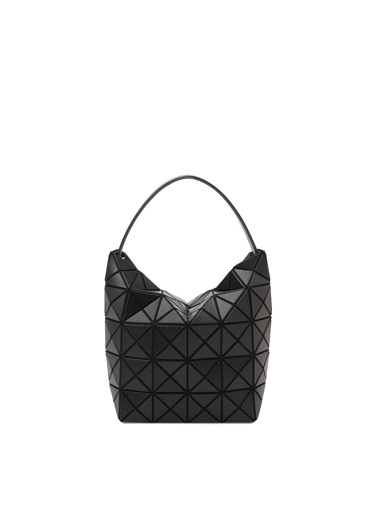 Zoomed view The VALLEY by BAO BAO ISSEY MIYAKE is a black geometric gusseted handbag with a triangular pattern, a single adjustable handle, and an upright, modern design. - MATTE BLACK （no.16）