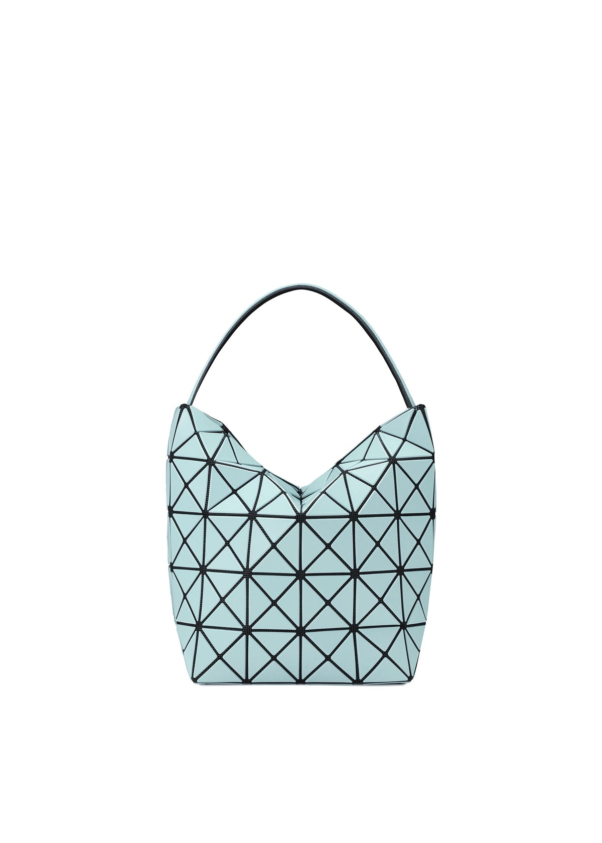 The VALLEY by BAO BAO ISSEY MIYAKE is a light blue geometric handbag with black triangular lines, a single curved handle, and stands upright against a plain white background. view 1 of 7