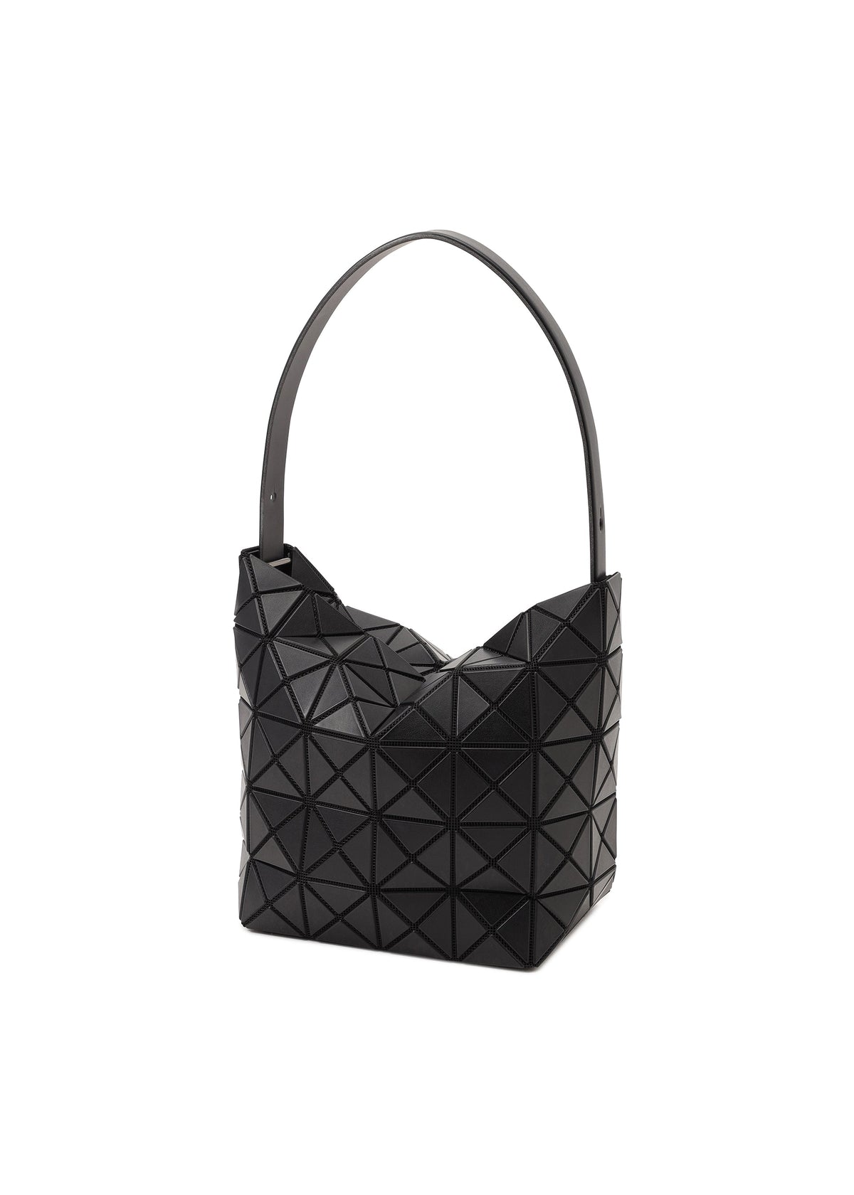 The VALLEY by BAO BAO ISSEY MIYAKE is a black geometric gusseted handbag with a wide strap and textured triangular pattern, designed to stand upright, shown against a white background. view 2 of 6
