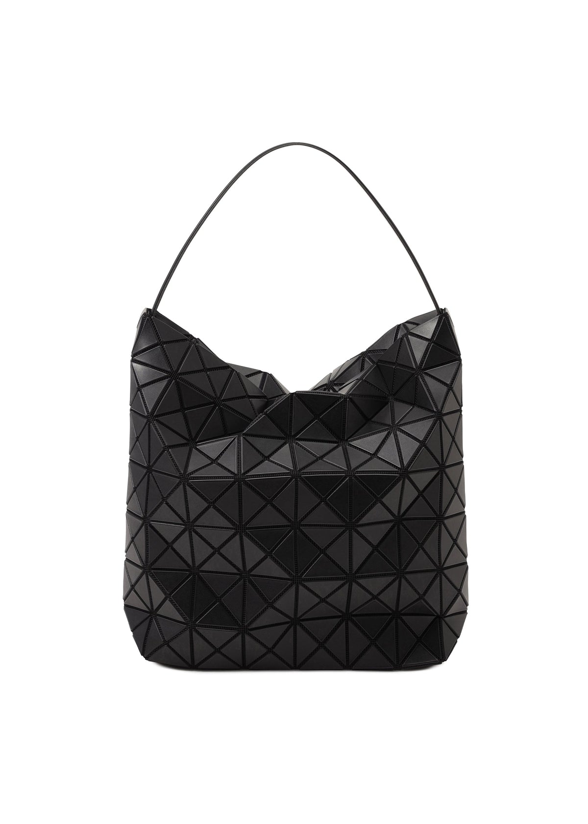 The VALLEY by BAO BAO ISSEY MIYAKE is a black, self-standing handbag with a geometric pattern, single curved handle, and a slouchy, modern silhouette. view 1 of 6