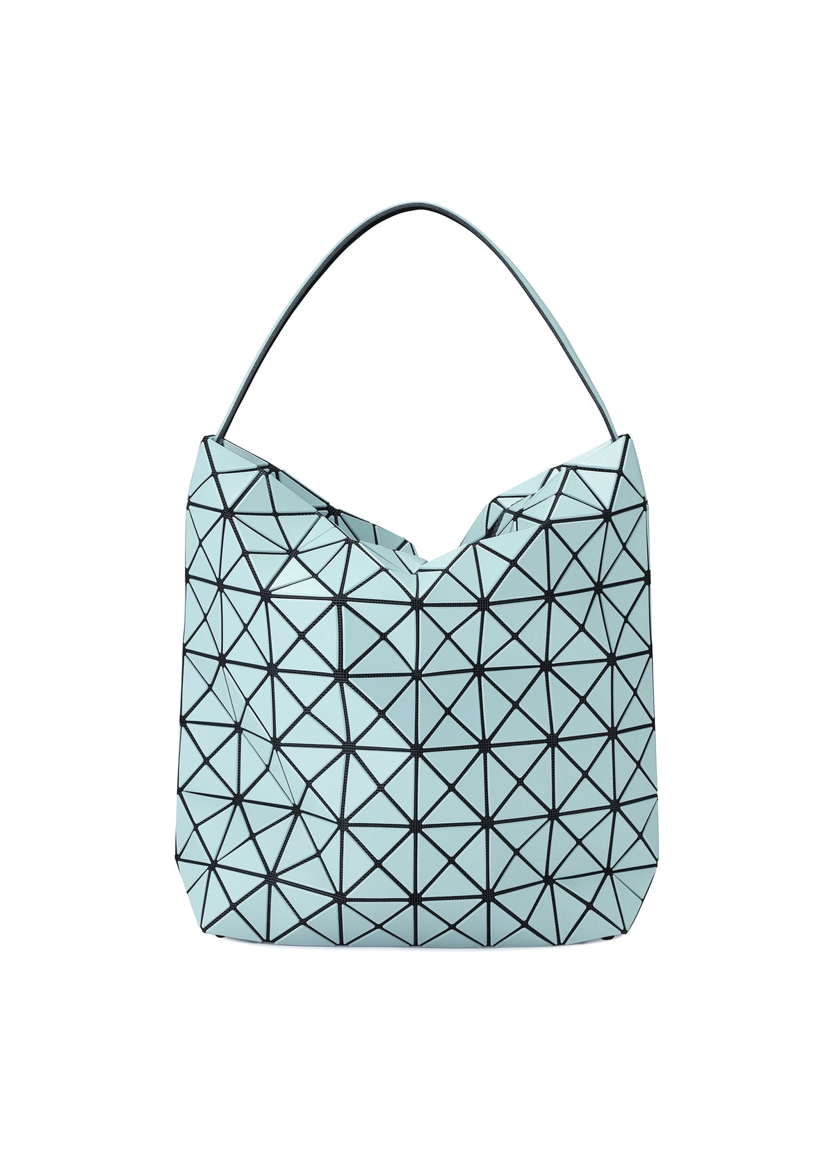 Zoomed view The VALLEY by BAO BAO ISSEY MIYAKE is a light blue geometric tote with black grid lines, a single handle, and a structured, modern design—ideal for stylishly carrying your valuables. - AQUA HAZE （no.66）