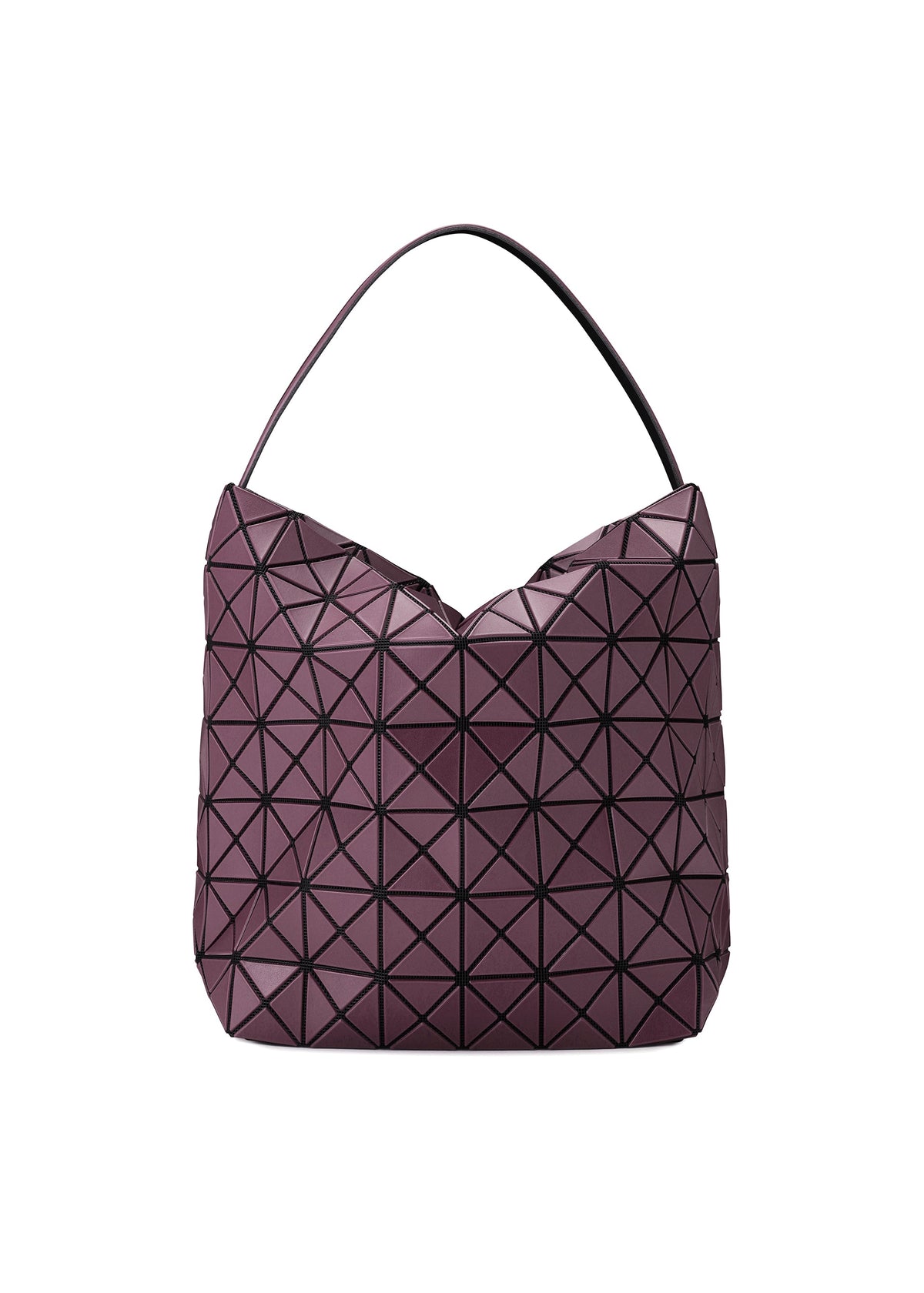 Zoomed view The VALLEY by BAO BAO ISSEY MIYAKE is a purple, gusseted handbag with a single strap and a modern triangular grid design—perfect for carrying your valuables in style. - BURGUNDY （no.85）