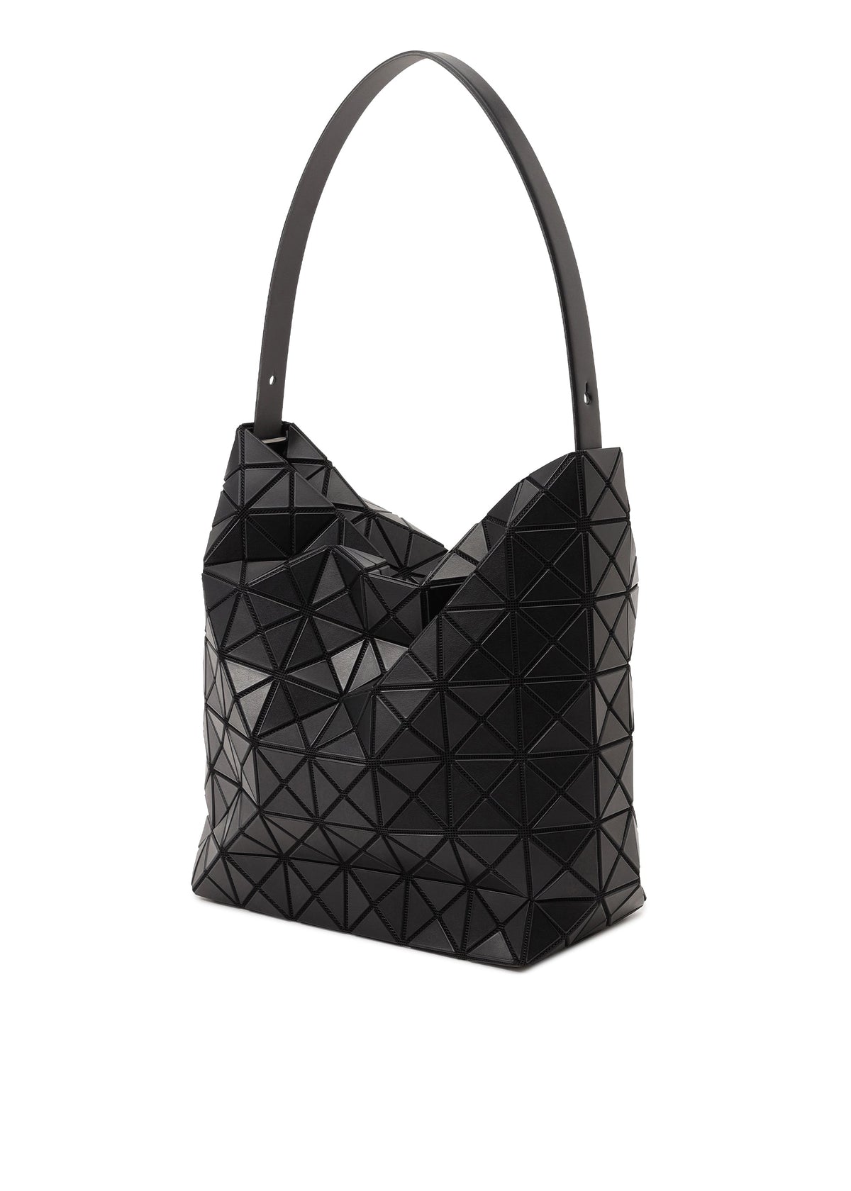 Zoomed view The VALLEY by BAO BAO ISSEY MIYAKE is a black gusseted handbag with a geometric triangular pattern and a wide shoulder strap, shown against a white background.