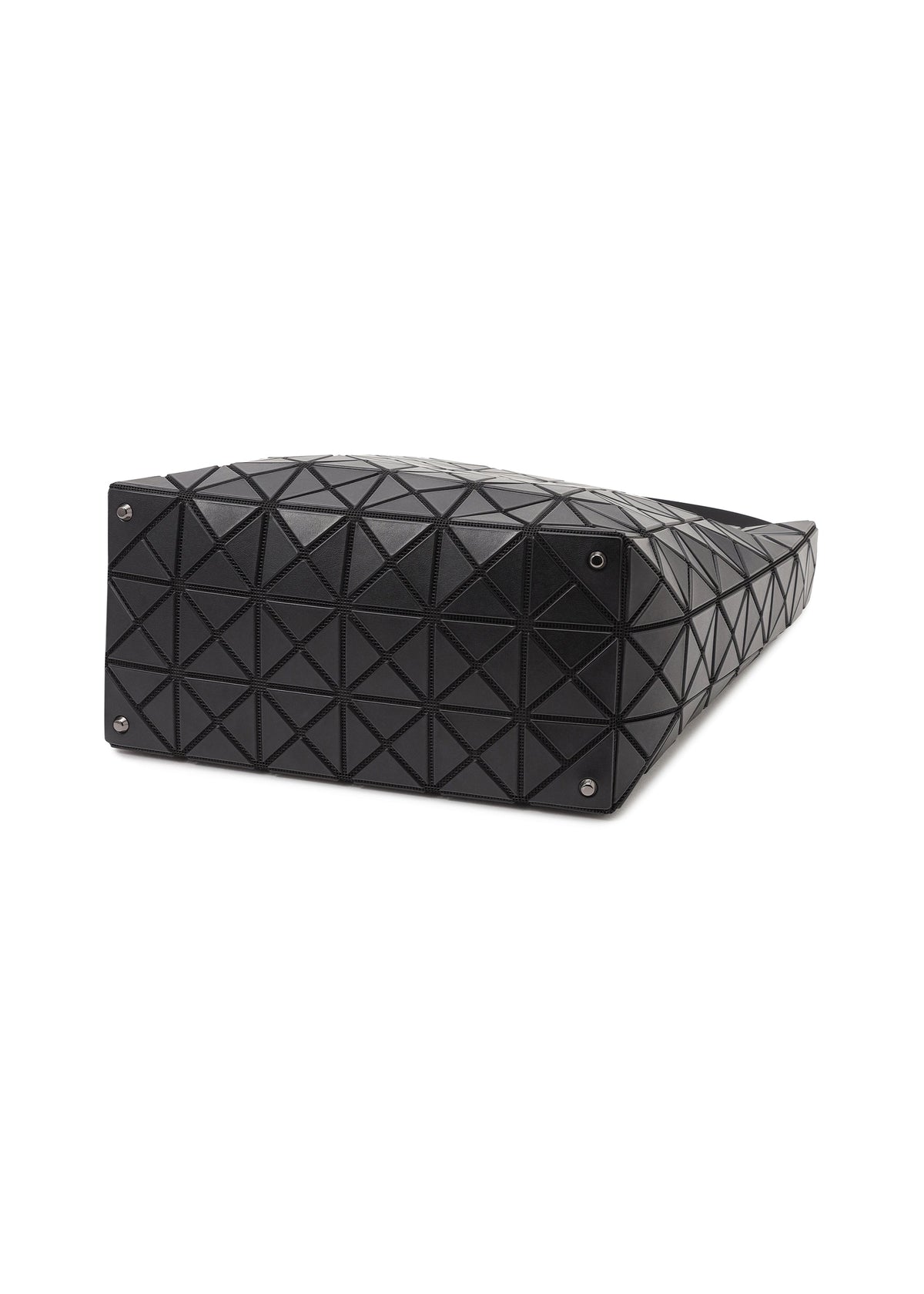 The VALLEY by BAO BAO ISSEY MIYAKE is a black, self-standing handbag with a geometric pattern, raised triangles, four metal feet at the corners, and a sleek modern design shown from the bottom. view 5 of 6