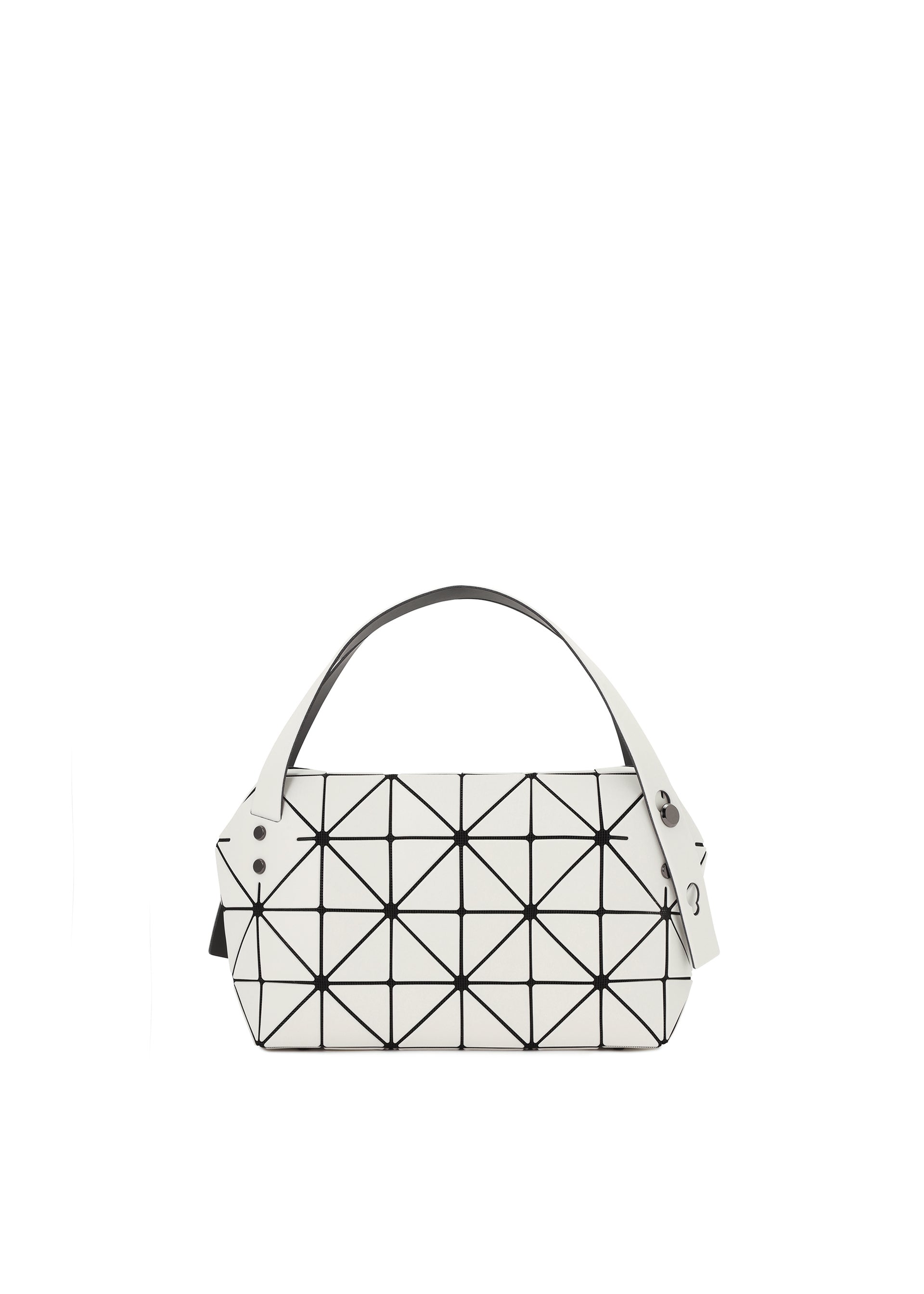 Zoomed view The BOSTON by BAO BAO ISSEY MIYAKE is a white geometric mini bag with black grid triangles on matte, leather-like material. Featuring two white straps with silver rivets, this stylish casual party bag is shown on a plain white background. - OFF WHITE （no.03）
