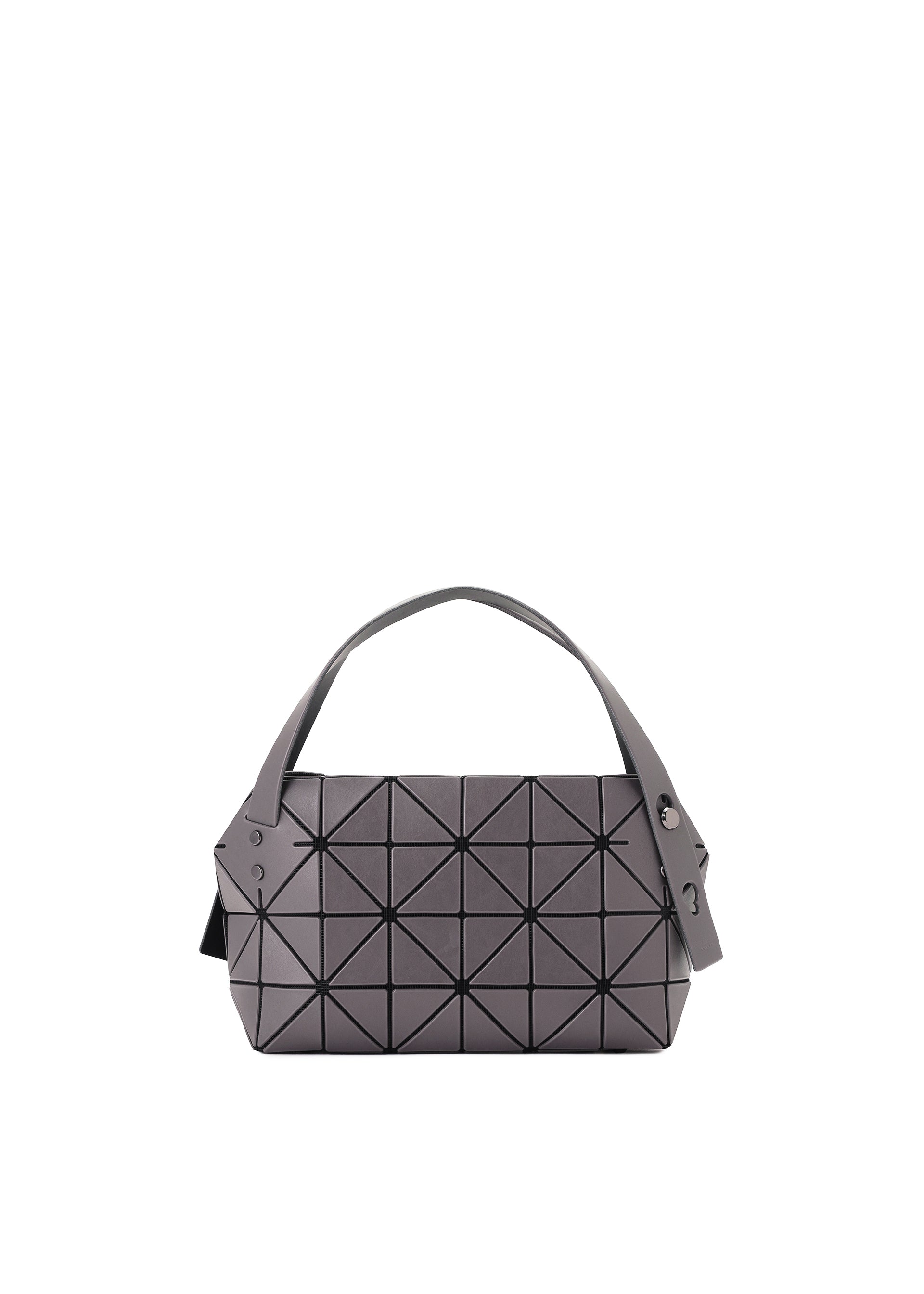 Zoomed view The BOSTON bag by BAO BAO ISSEY MIYAKE is a rectangular, gray mini Boston bag with a geometric triangle pattern, crafted from matte leather-like material with a top handle and side strap accents, shown on a plain white background. - CHARCOAL GRAY （no.14）
