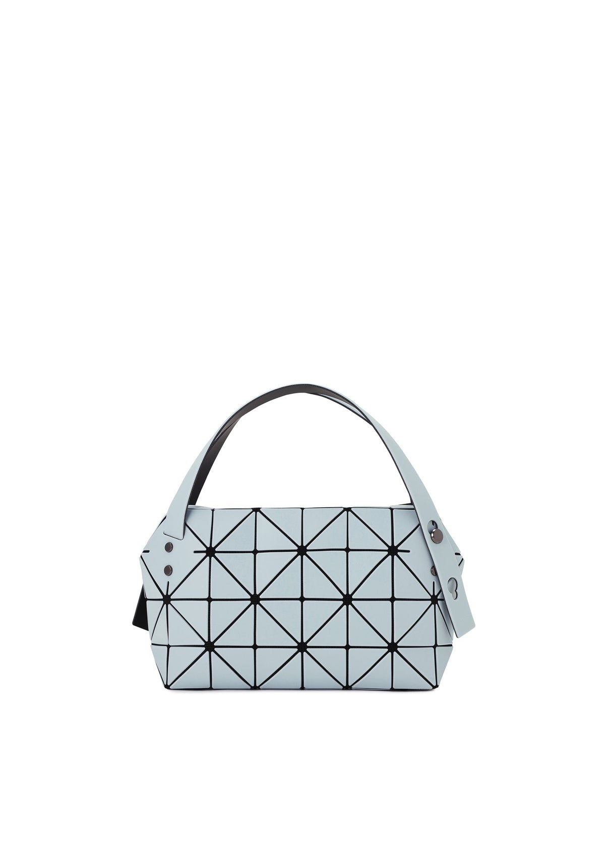 The BOSTON by BAO BAO ISSEY MIYAKE is a light blue mini bag with a geometric triangular grid, made from leather-like matte material. It features two handles, button side details, and a modern, structured design for casual parties. view 3 of 6