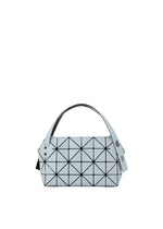 The BOSTON by BAO BAO ISSEY MIYAKE is a light blue mini bag with a geometric triangular grid, made from leather-like matte material. It features two handles, button side details, and a modern, structured design for casual parties. - SKY BLUE （no.73）