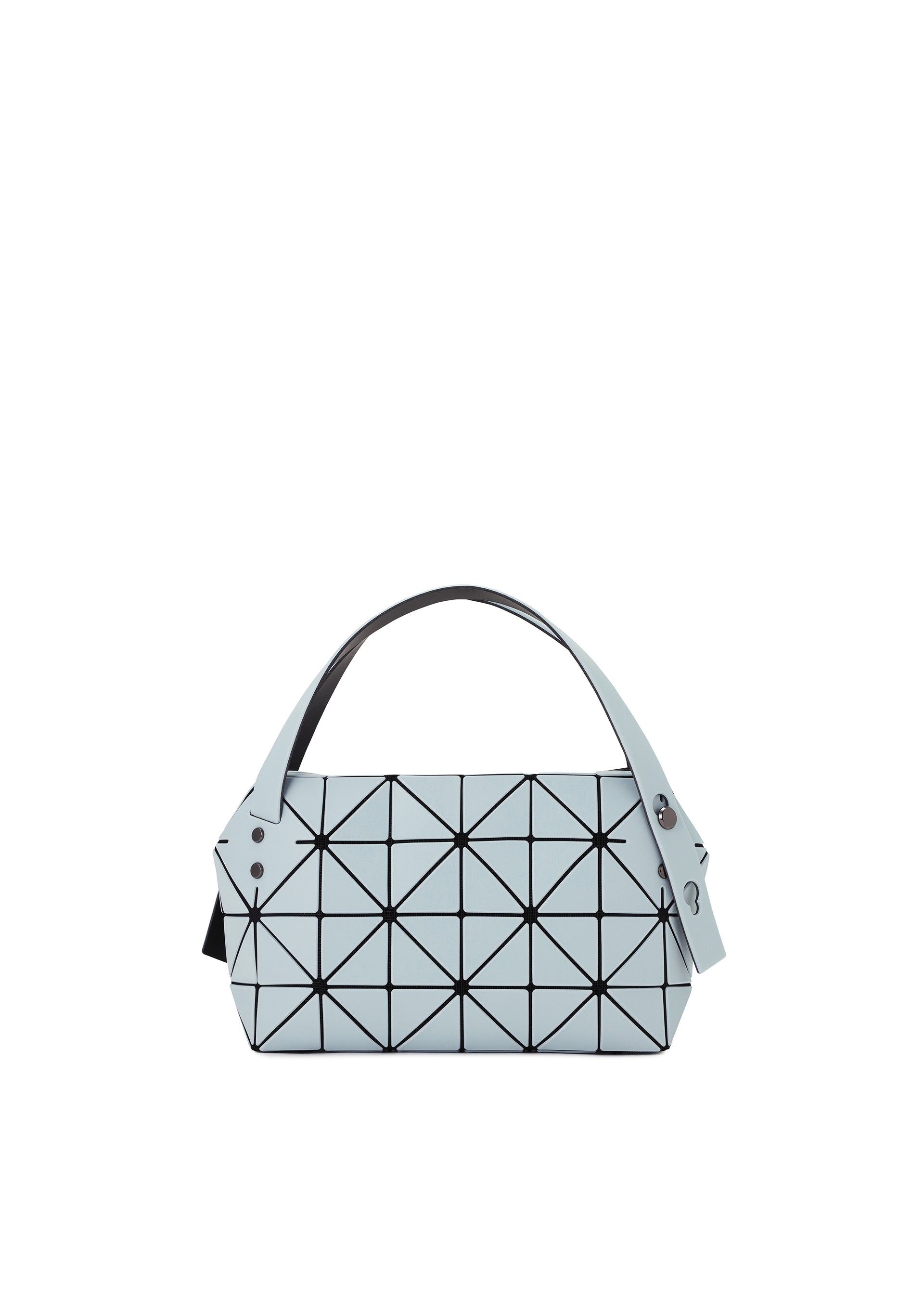 Zoomed view The BOSTON by BAO BAO ISSEY MIYAKE is a light blue mini bag with a geometric triangular grid, made from leather-like matte material. It features two handles, button side details, and a modern, structured design for casual parties. - SKY BLUE （no.73）
