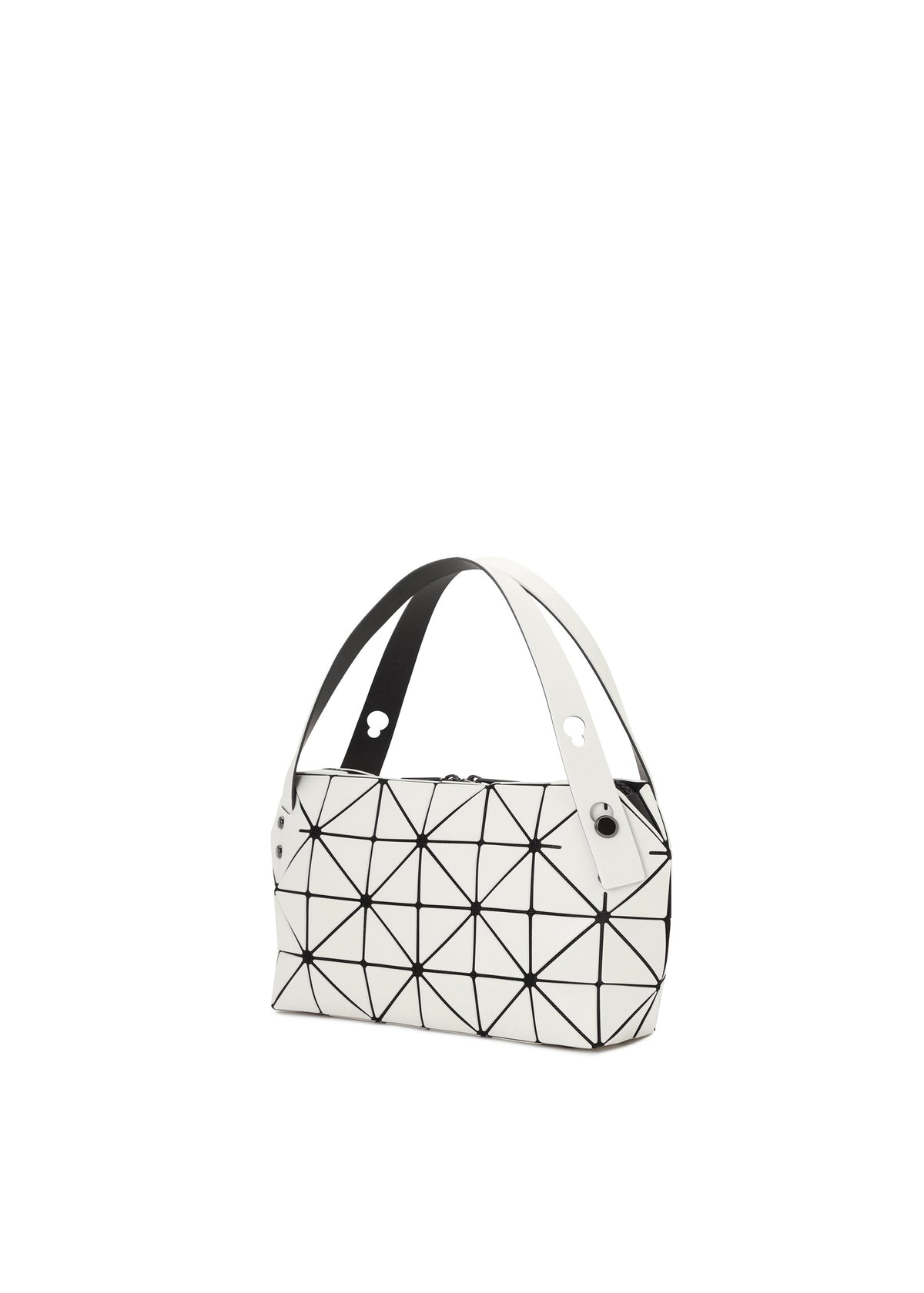 The BOSTON by BAO BAO ISSEY MIYAKE is a white mini bag with black geometric triangle lines, crafted from matte leather-like material. It boasts a wide black and white handle and a modern, structured shape—ideal for casual parties. view 4 of 6