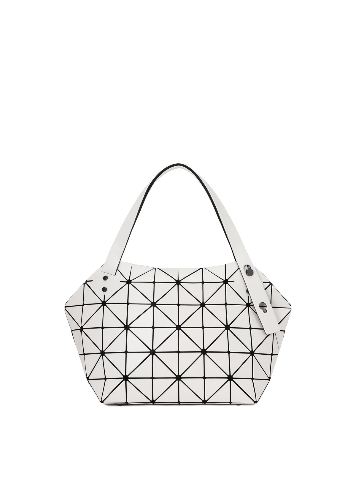 The BOSTON bag by BAO BAO ISSEY MIYAKE is white with black geometric triangular lines, two white shoulder straps with silver button accents, and a sleek modern design. view 1 of 6