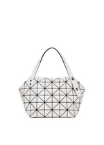 The BOSTON bag by BAO BAO ISSEY MIYAKE is white with black geometric triangular lines, two white shoulder straps with silver button accents, and a sleek modern design. - OFF WHITE （no.03）