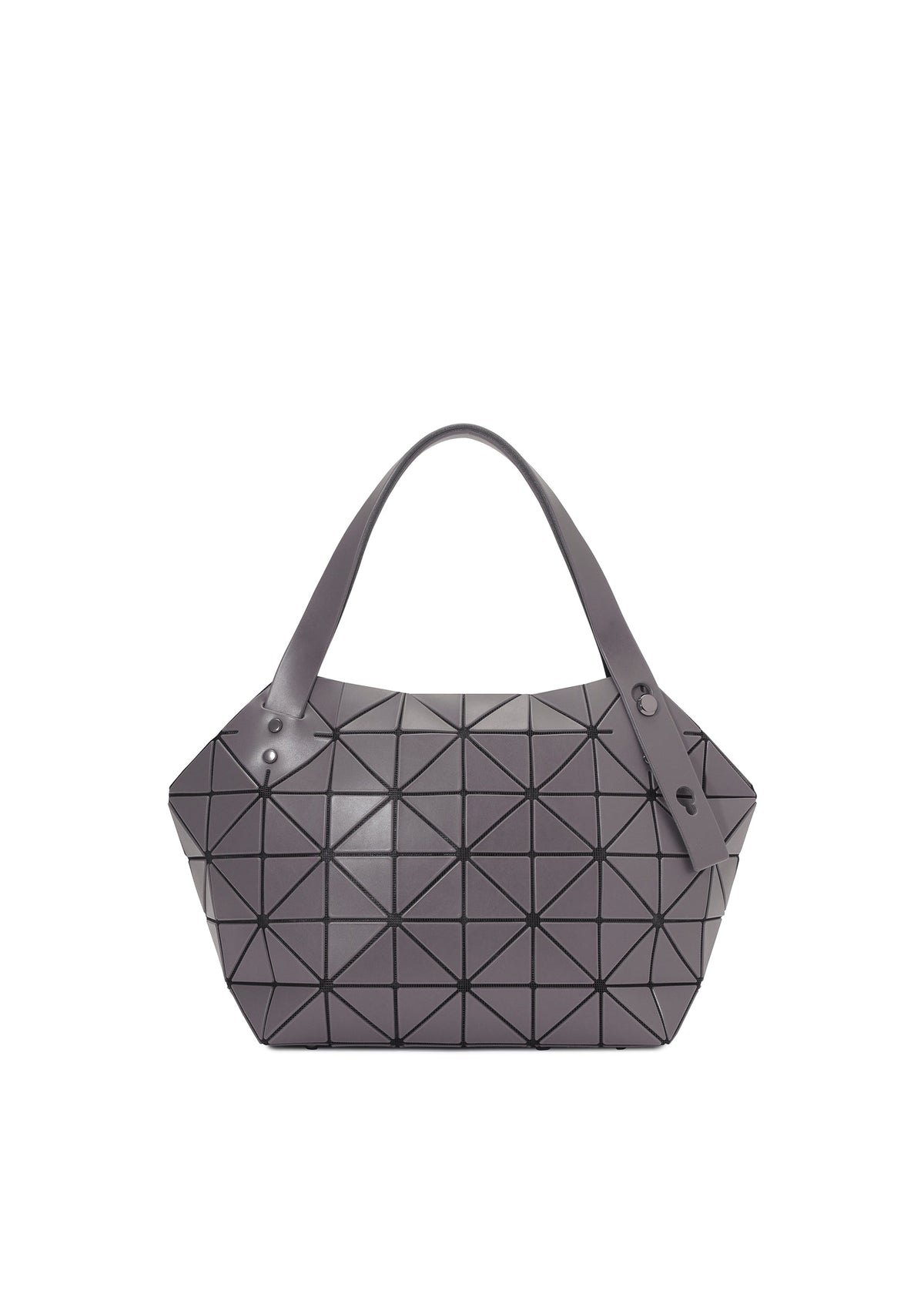 The BOSTON bag by BAO BAO ISSEY MIYAKE is a gray, geometric-patterned tote with two handles, featuring a modern triangular design and spacious storage for your essentials. view 2 of 6
