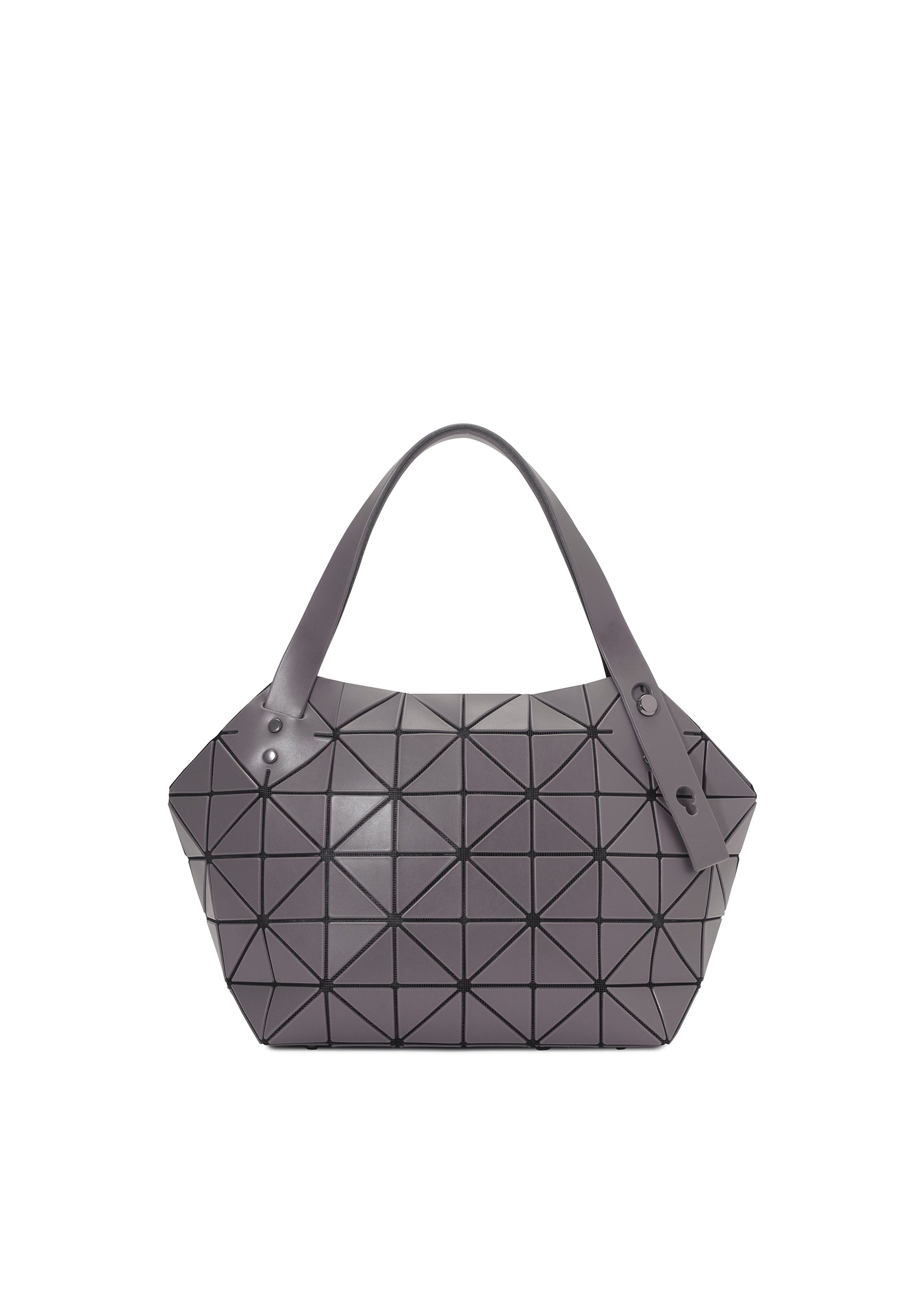 Zoomed view The BOSTON bag by BAO BAO ISSEY MIYAKE is a gray, geometric-patterned tote with two handles, featuring a modern triangular design and spacious storage for your essentials. - CHARCOAL GRAY （no.14）