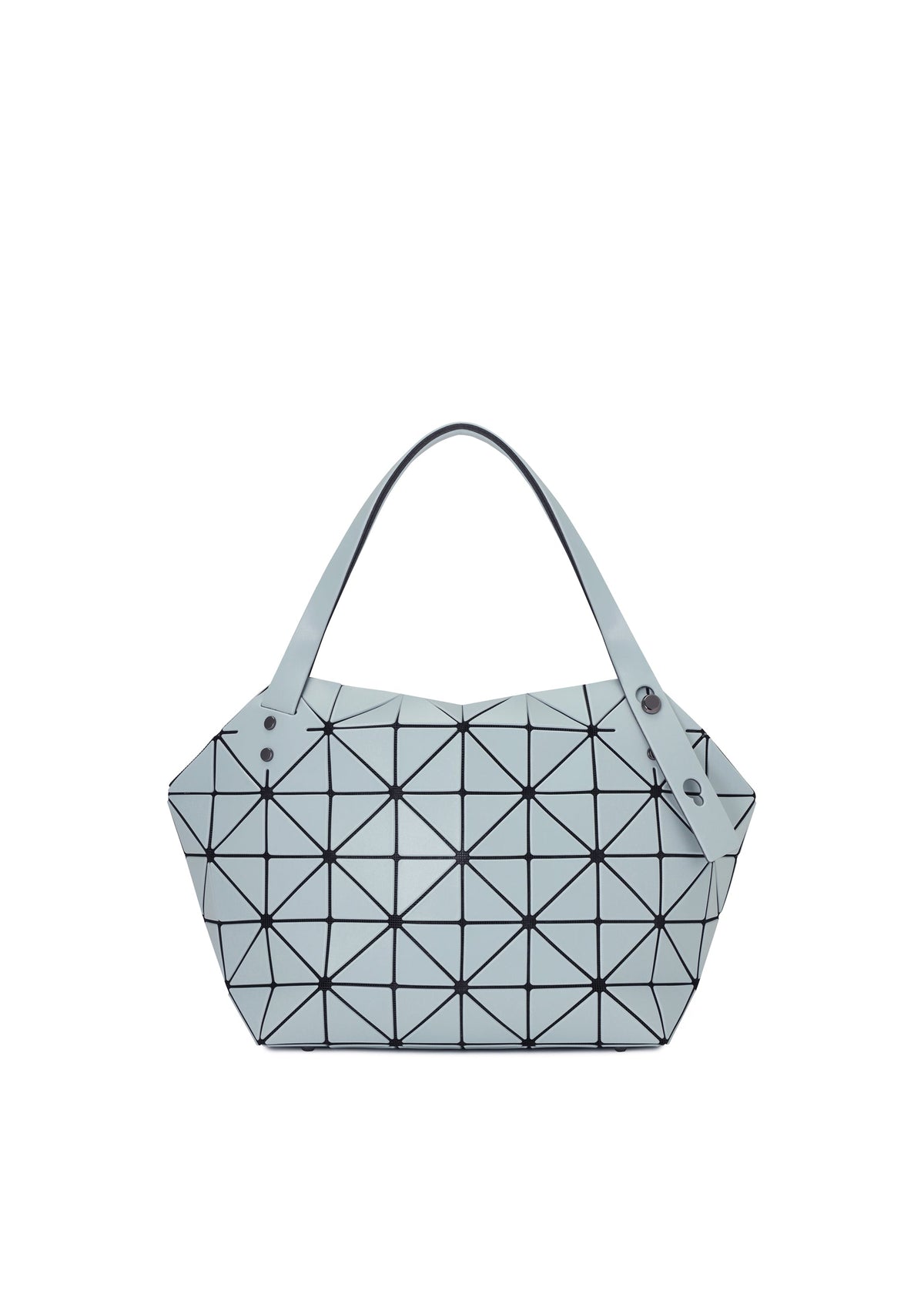 The BOSTON tote by BAO BAO ISSEY MIYAKE features a geometric light blue design with black triangular lines, two handles, and a modern twist on the classic Boston bag, providing spacious storage for all your essentials. view 3 of 6