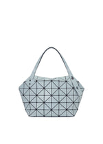 The BOSTON tote by BAO BAO ISSEY MIYAKE features a geometric light blue design with black triangular lines, two handles, and a modern twist on the classic Boston bag, providing spacious storage for all your essentials. - SKY BLUE （no.73）