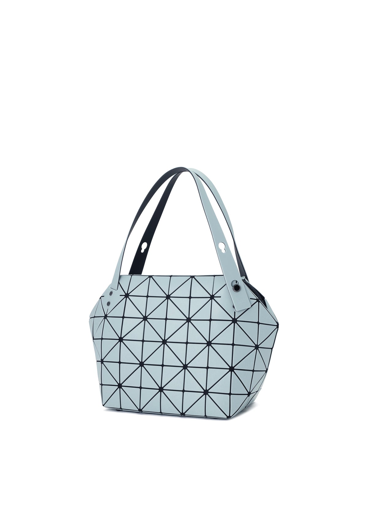 The BOSTON tote by BAO BAO ISSEY MIYAKE features a light blue geometric design with black triangular lines, two wide handles, a structured shape, and modern style for spacious storage. view 4 of 6