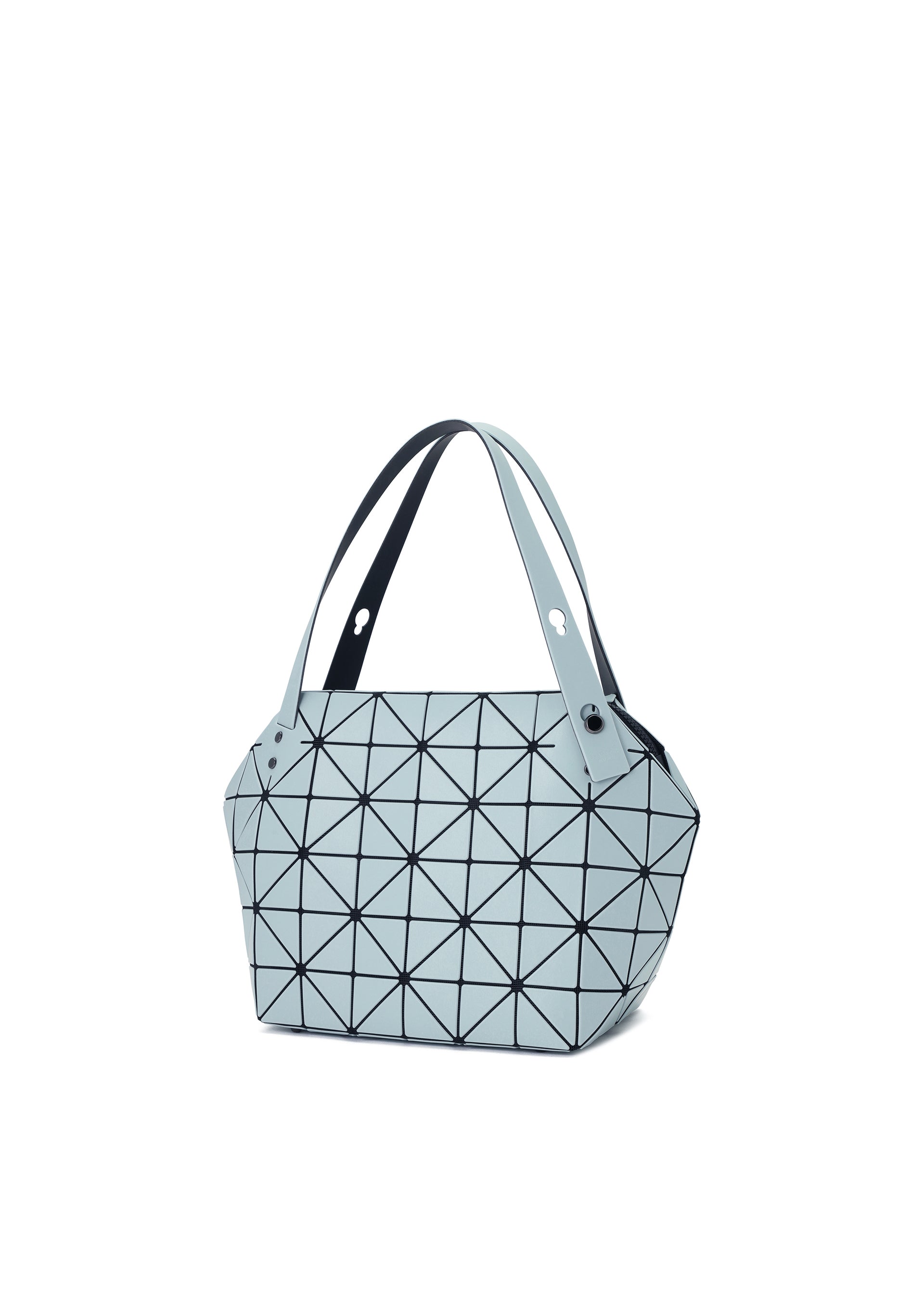 Zoomed view The BOSTON tote by BAO BAO ISSEY MIYAKE features a light blue geometric design with black triangular lines, two wide handles, a structured shape, and modern style for spacious storage.