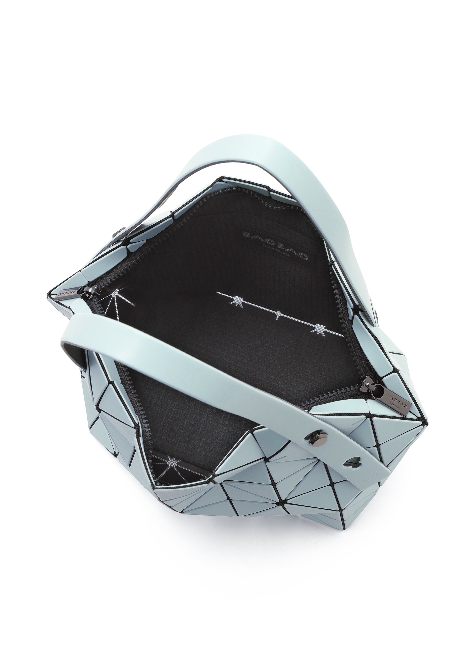 Zoomed view The BOSTON bag by BAO BAO ISSEY MIYAKE features a light blue geometric design with black outlines, spacious black interior view, and adjustable straps for a modern look.