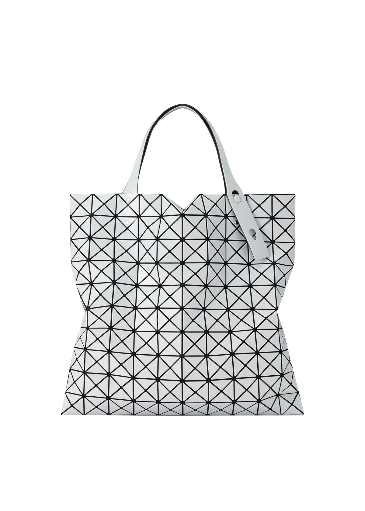 The PRISM GLOSS tote bag by BAO BAO ISSEY MIYAKE features a modern silver geometric design with a grid of black lines forming triangular shapes, two handles, and a shiny, enamel-like finish. Stylish and contemporary, it’s perfect as an A4 laptop bag for carrying your daily essentials. view 1 of 9