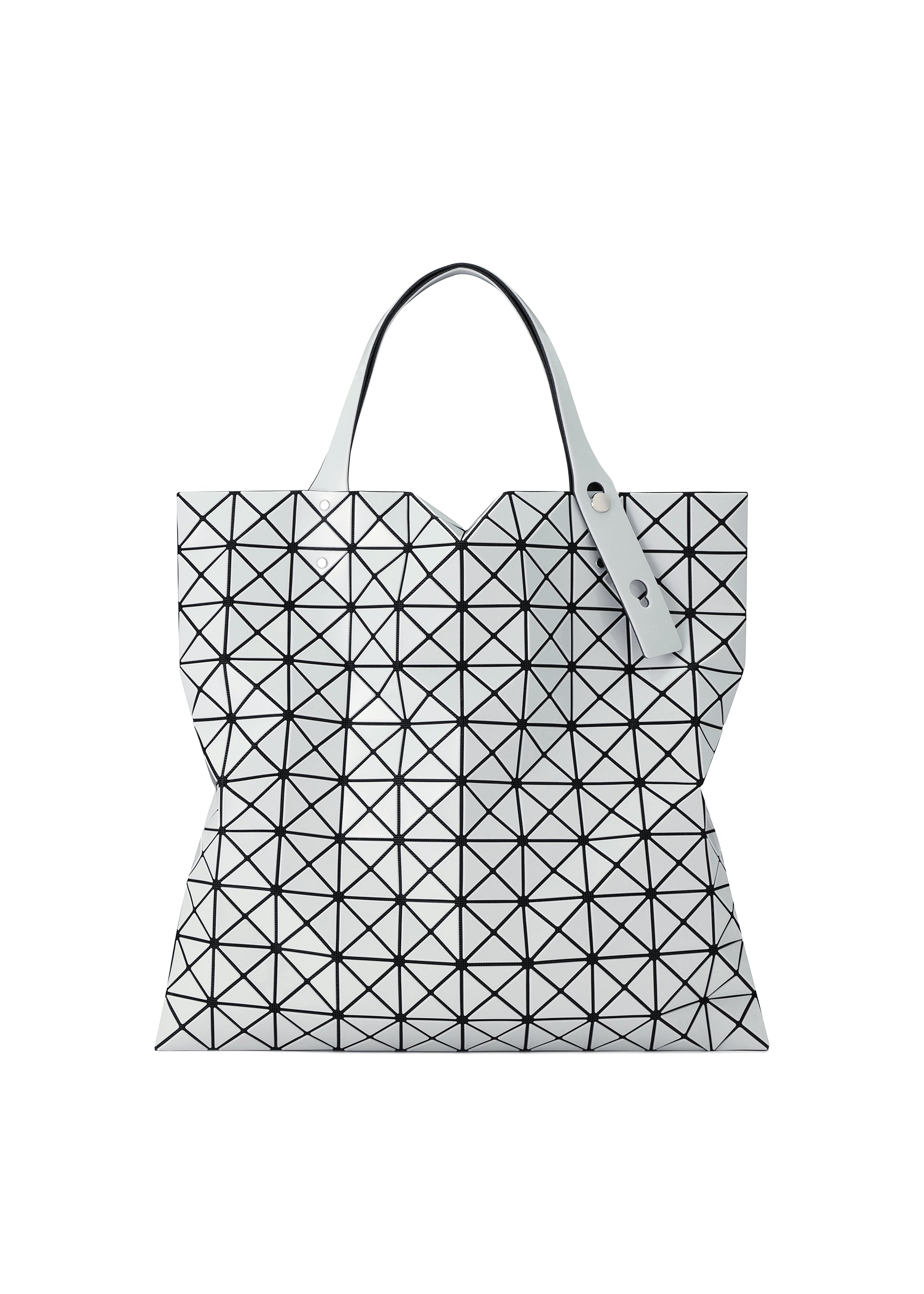 Zoomed view The PRISM GLOSS tote bag by BAO BAO ISSEY MIYAKE features a modern silver geometric design with a grid of black lines forming triangular shapes, two handles, and a shiny, enamel-like finish. Stylish and contemporary, it’s perfect as an A4 laptop bag for carrying your daily essentials. - MISTY GRAY （no.07）