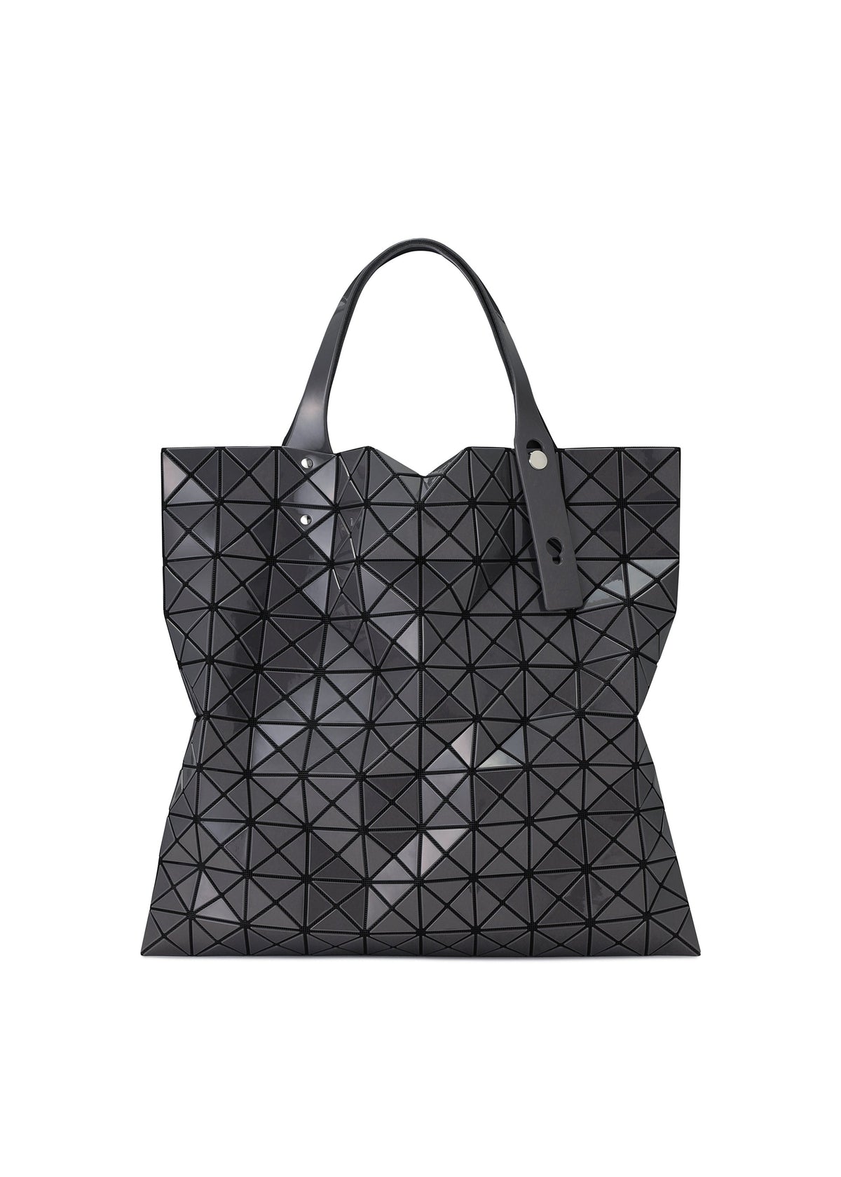 A black geometric PRISM GLOSS tote bag by BAO BAO ISSEY MIYAKE, featuring striking triangular patterns, a glossy enamel-like finish, two handles, and a tag attached to one handle—perfect as an A4 laptop bag for stylish everyday use. view 2 of 9