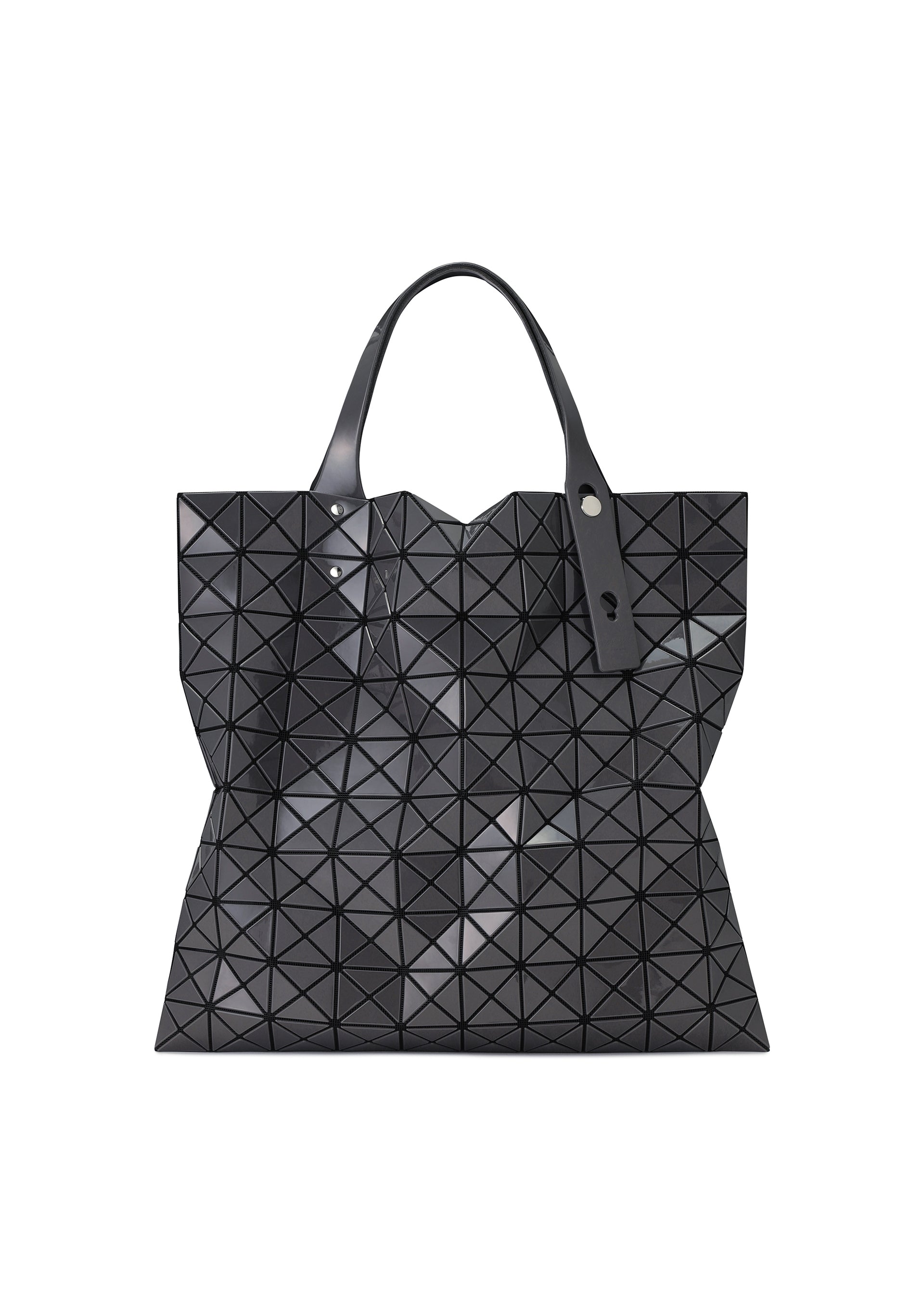 Zoomed view A black geometric PRISM GLOSS tote bag by BAO BAO ISSEY MIYAKE, featuring striking triangular patterns, a glossy enamel-like finish, two handles, and a tag attached to one handle—perfect as an A4 laptop bag for stylish everyday use. - CHARCOAL GRAY （no.14）