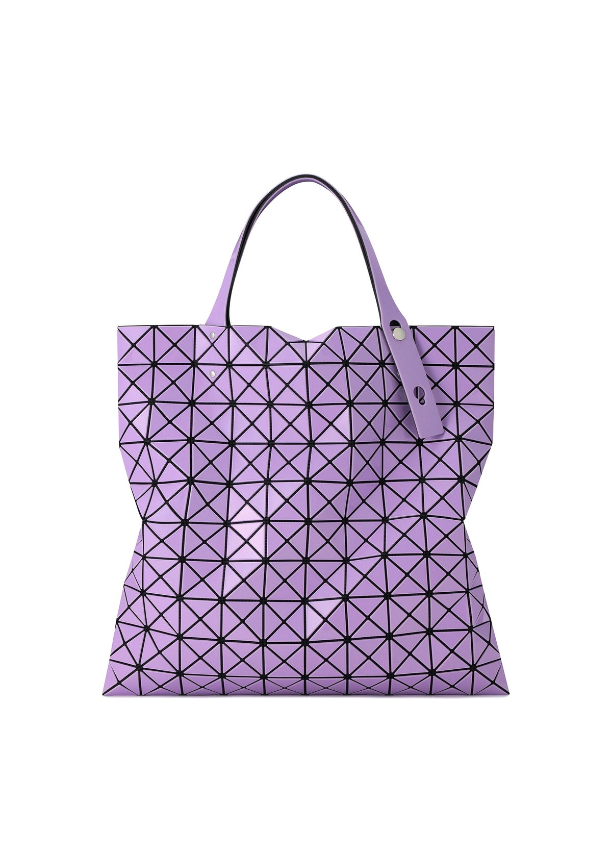 A lavender PRISM GLOSS tote bag by BAO BAO ISSEY MIYAKE, featuring triangular panels that create a flexible, futuristic grid pattern in an enamel-like material. Designed to perfectly accommodate an A4 laptop, it is finished with two handles and a glossy sheen. view 3 of 9