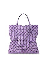A lavender PRISM GLOSS tote bag by BAO BAO ISSEY MIYAKE, featuring triangular panels that create a flexible, futuristic grid pattern in an enamel-like material. Designed to perfectly accommodate an A4 laptop, it is finished with two handles and a glossy sheen. - ORCHID （no.27）