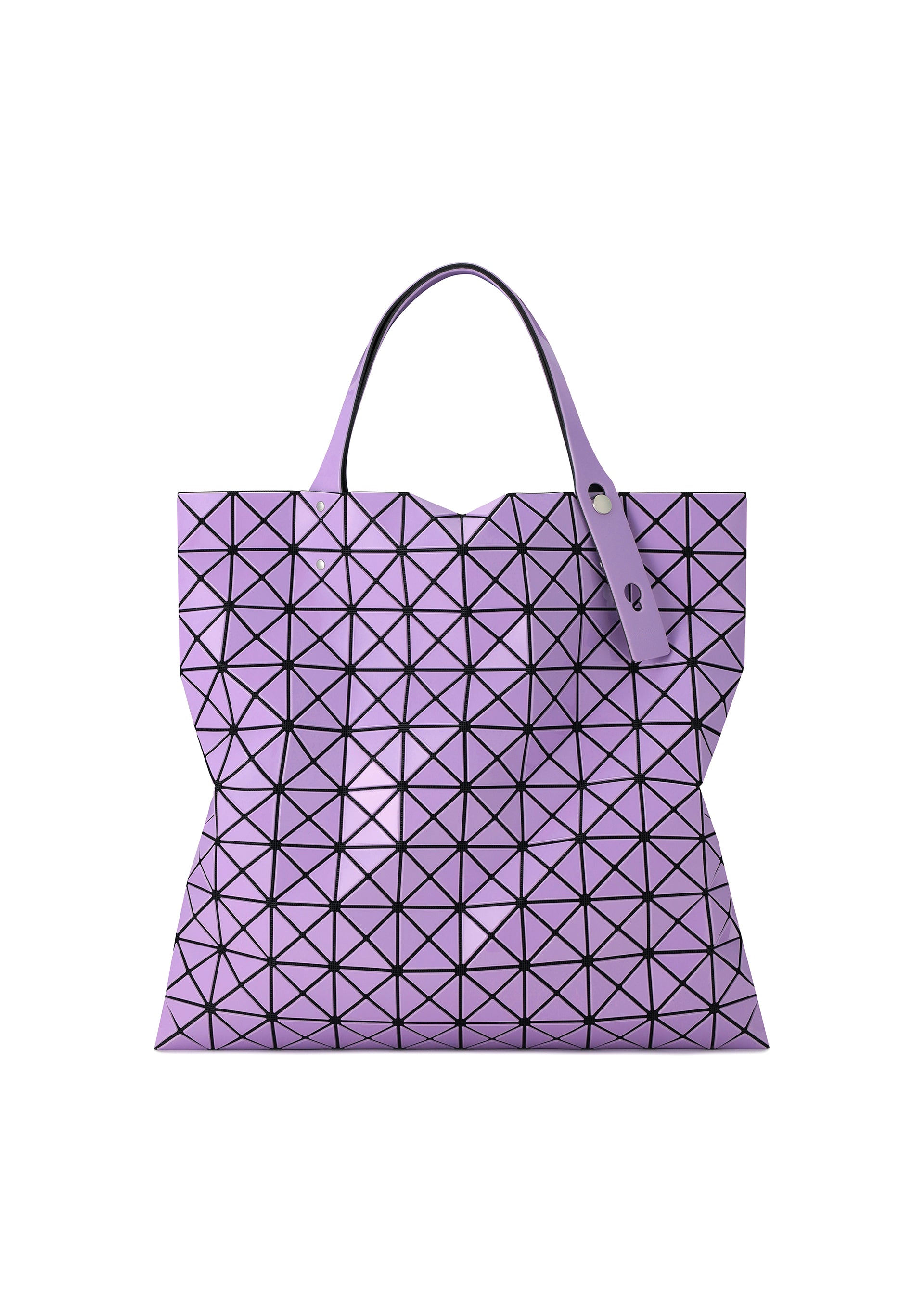 Zoomed view A lavender PRISM GLOSS tote bag by BAO BAO ISSEY MIYAKE, featuring triangular panels that create a flexible, futuristic grid pattern in an enamel-like material. Designed to perfectly accommodate an A4 laptop, it is finished with two handles and a glossy sheen. - ORCHID （no.27）