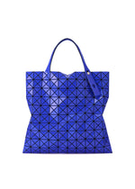 A blue PRISM GLOSS tote bag by BAO BAO ISSEY MIYAKE, designed with geometric triangular patterns and crafted from an enamel-like material, features two handles, a flat base, and a slightly glossy surface—ideal for carrying an A4 laptop. - BLUE （no.72）