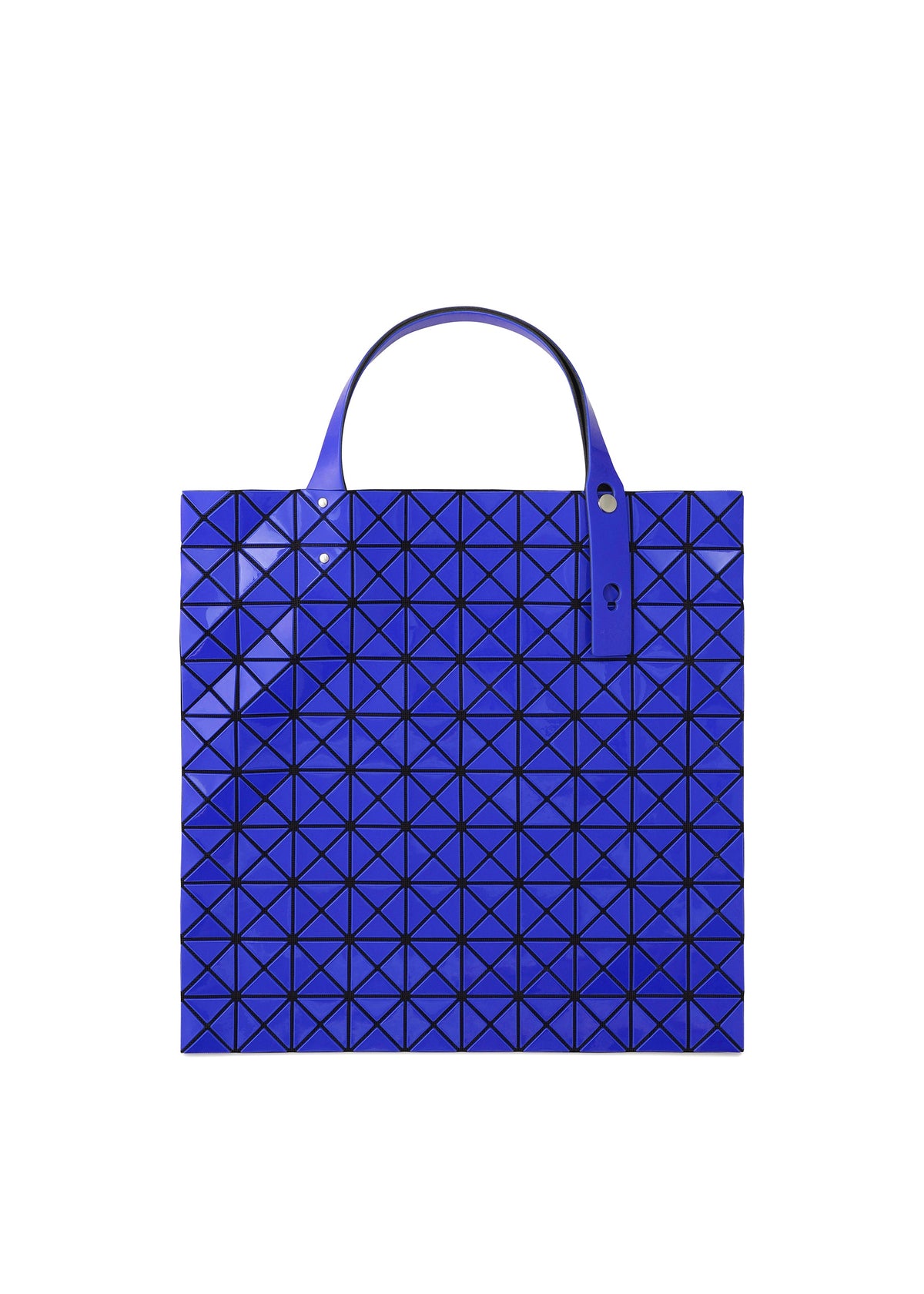 The PRISM GLOSS tote bag by BAO BAO ISSEY MIYAKE, featuring a blue enamel-like finish with a grid of triangular shapes and two short handles, is displayed against a white background. view 6 of 9