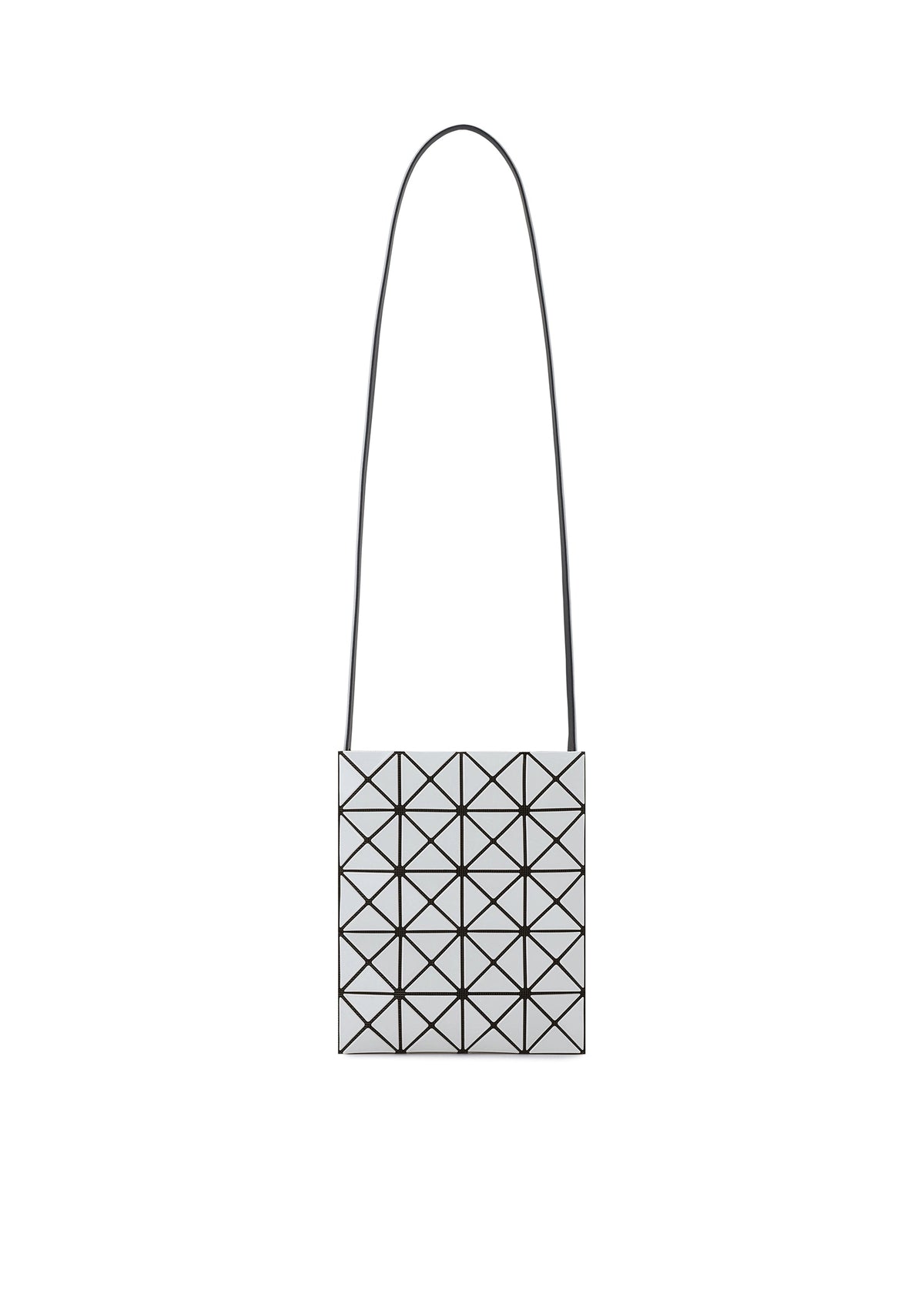 A square shoulder bag from the PRISM GLOSS series by BAO BAO ISSEY MIYAKE, featuring a geometric grid of glossy, triangular panels and a long, slender black strap for a modern, reflective look. view 1 of 10