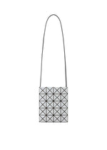 A square shoulder bag from the PRISM GLOSS series by BAO BAO ISSEY MIYAKE, featuring a geometric grid of glossy, triangular panels and a long, slender black strap for a modern, reflective look. - MISTY GRAY （no.07）