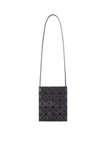 A black shoulder bag from the PRISM GLOSS series by BAO BAO ISSEY MIYAKE, featuring a long strap, a square shape, and a front adorned with an enamel-like geometric triangular grid pattern. - CHARCOAL GRAY （no.14）