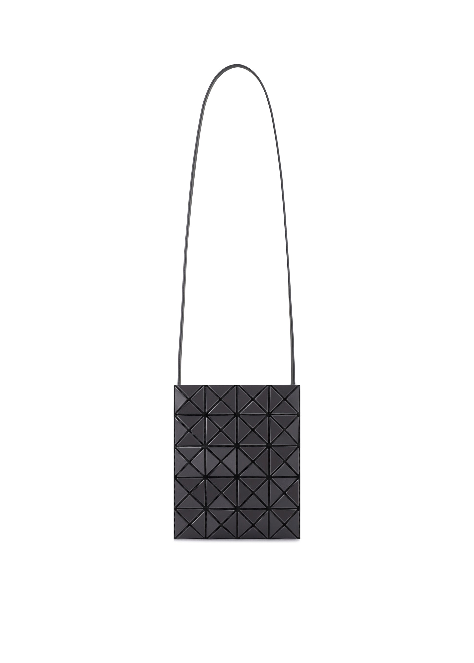 Zoomed view A black shoulder bag from the PRISM GLOSS series by BAO BAO ISSEY MIYAKE, featuring a long strap, a square shape, and a front adorned with an enamel-like geometric triangular grid pattern. - CHARCOAL GRAY （no.14）