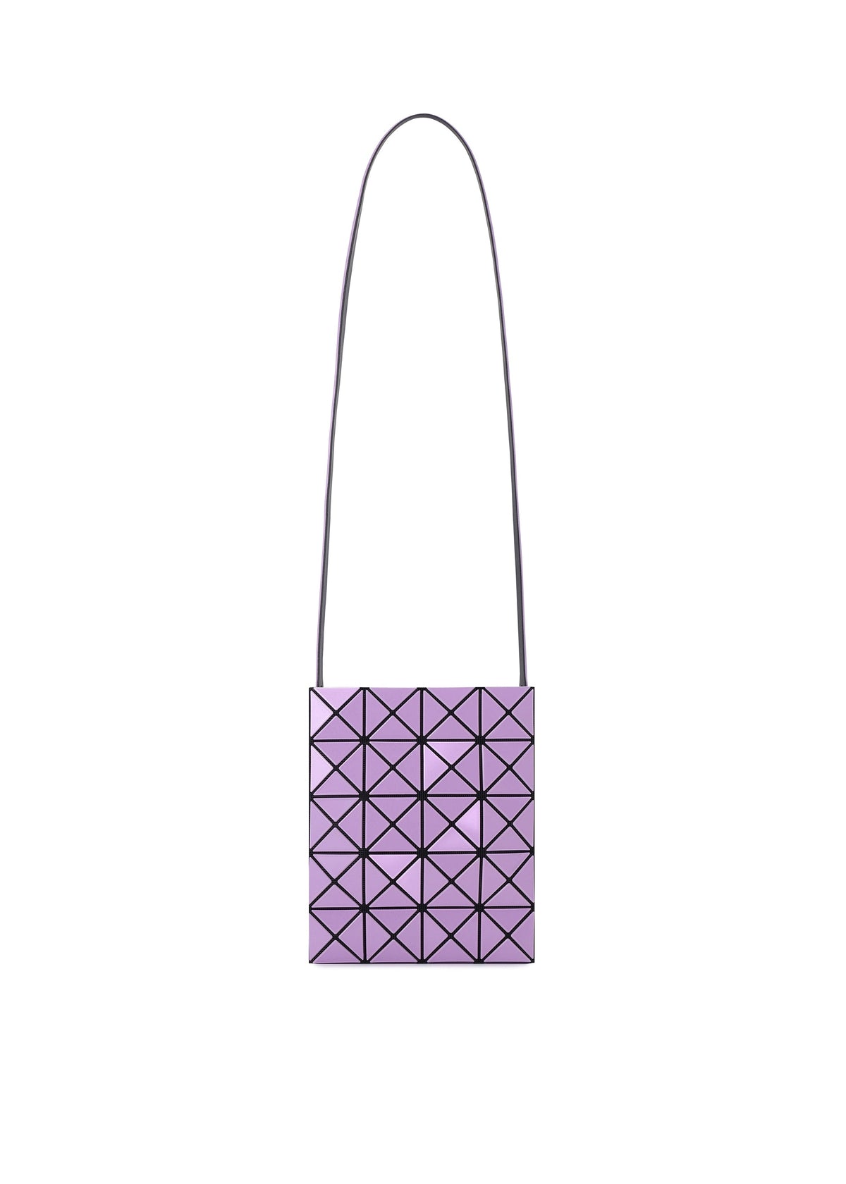 A small, square-shaped lavender shoulder bag from the PRISM GLOSS collection by BAO BAO ISSEY MIYAKE, showcasing a geometric triangular pattern in an enamel-like finish. The thin, long black strap and the bag are centered against a plain white background. view 3 of 10