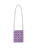 A small, square-shaped lavender shoulder bag from the PRISM GLOSS collection by BAO BAO ISSEY MIYAKE, showcasing a geometric triangular pattern in an enamel-like finish. The thin, long black strap and the bag are centered against a plain white background. - ORCHID （no.27）