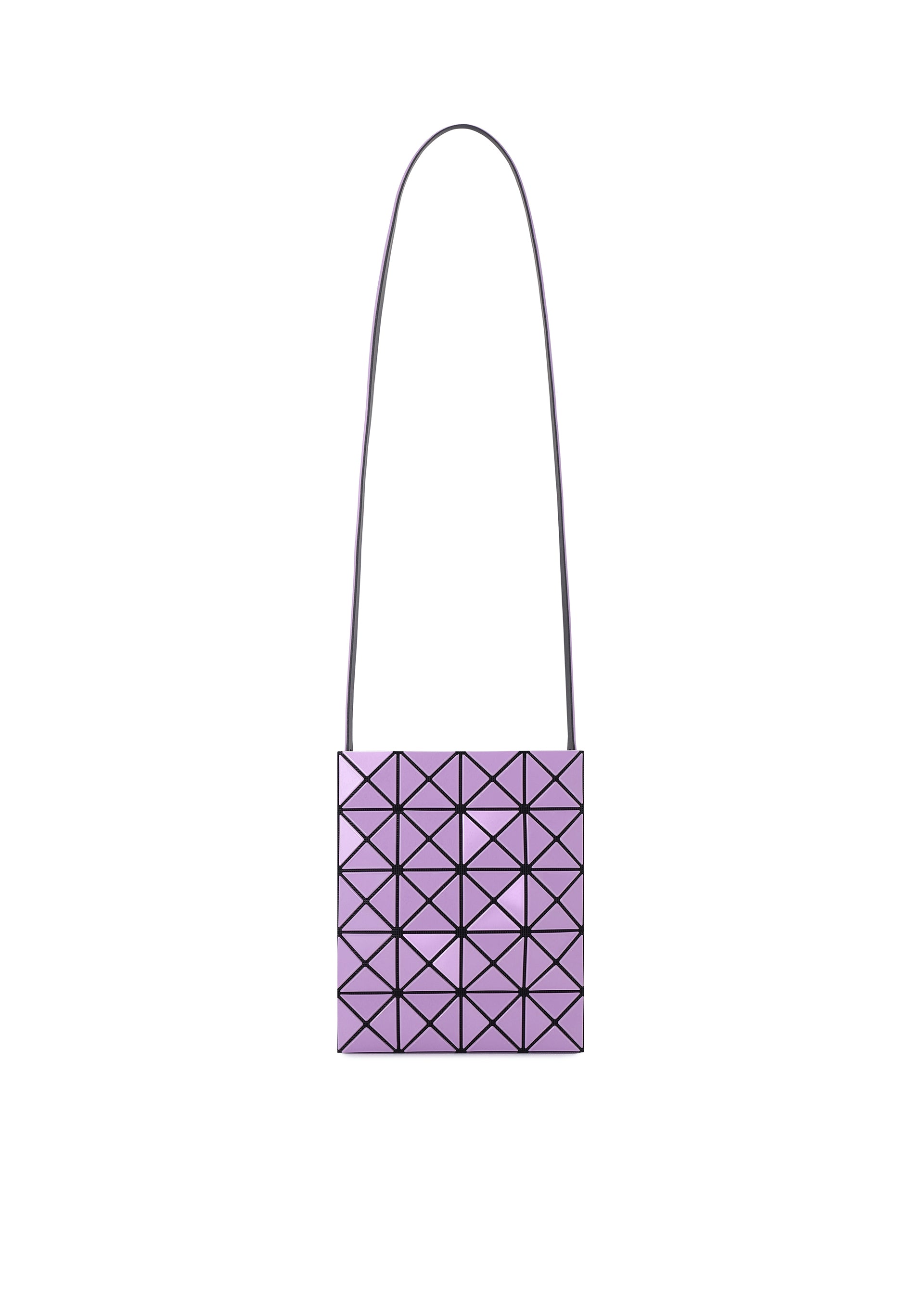 Zoomed view A small, square-shaped lavender shoulder bag from the PRISM GLOSS collection by BAO BAO ISSEY MIYAKE, showcasing a geometric triangular pattern in an enamel-like finish. The thin, long black strap and the bag are centered against a plain white background. - ORCHID （no.27）