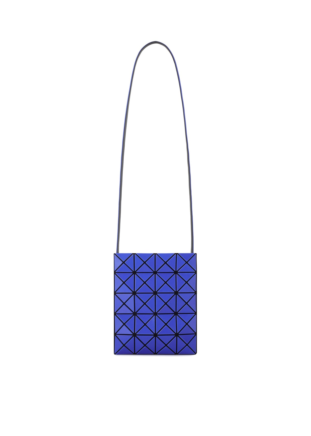 A blue geometric crossbody bag from the PRISM GLOSS series by BAO BAO ISSEY MIYAKE, featuring a rectangular silhouette and signature triangular pattern on the front, crafted from an enamel-like material with a long black strap, is displayed against a plain white background. view 4 of 10
