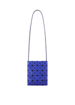 A blue geometric crossbody bag from the PRISM GLOSS series by BAO BAO ISSEY MIYAKE, featuring a rectangular silhouette and signature triangular pattern on the front, crafted from an enamel-like material with a long black strap, is displayed against a plain white background. - BLUE （no.72）