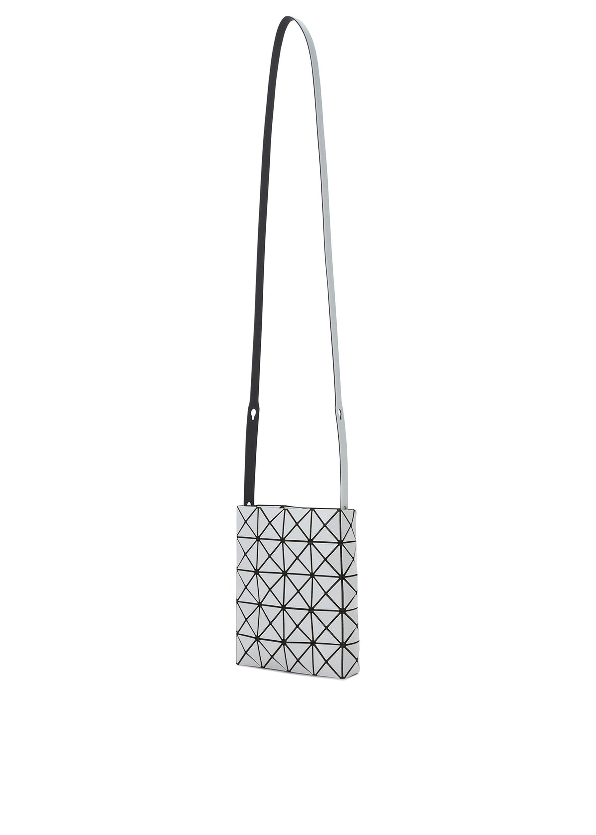 A compact, square crossbody bag from the BAO BAO ISSEY MIYAKE PRISM GLOSS series, crafted in an enamel-like finish with a striking black and white geometric triangular grid pattern. Features a long, thin adjustable strap for versatile styling. view 5 of 10
