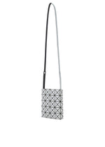 A compact, square crossbody bag from the BAO BAO ISSEY MIYAKE PRISM GLOSS series, crafted in an enamel-like finish with a striking black and white geometric triangular grid pattern. Features a long, thin adjustable strap for versatile styling.